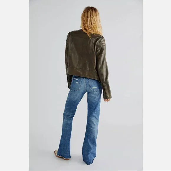 New Free People Fenix Leather Moto Jacket Size XS MSRP: $498 Olive